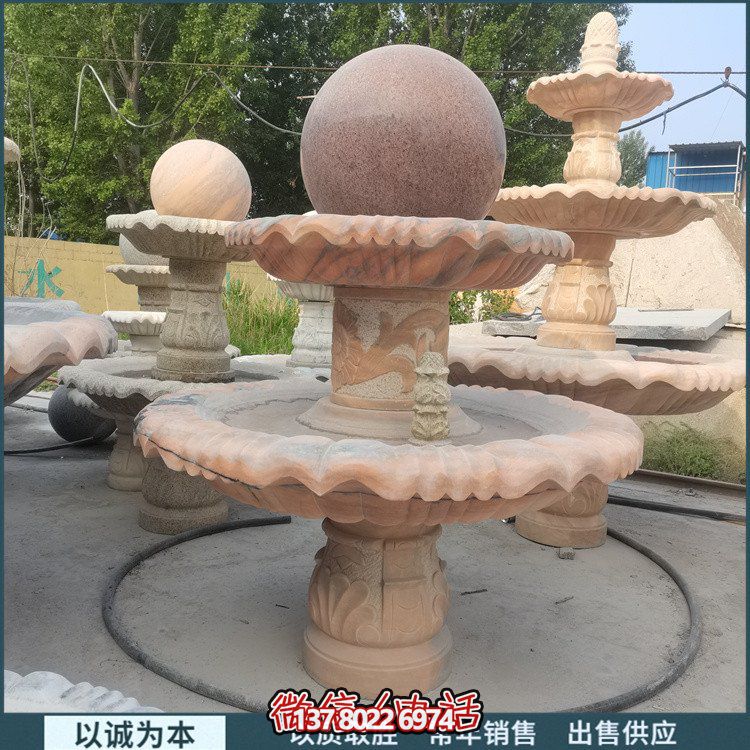 精美紅石雕園林景觀(guān)風(fēng)水噴泉流水?dāng)[件
