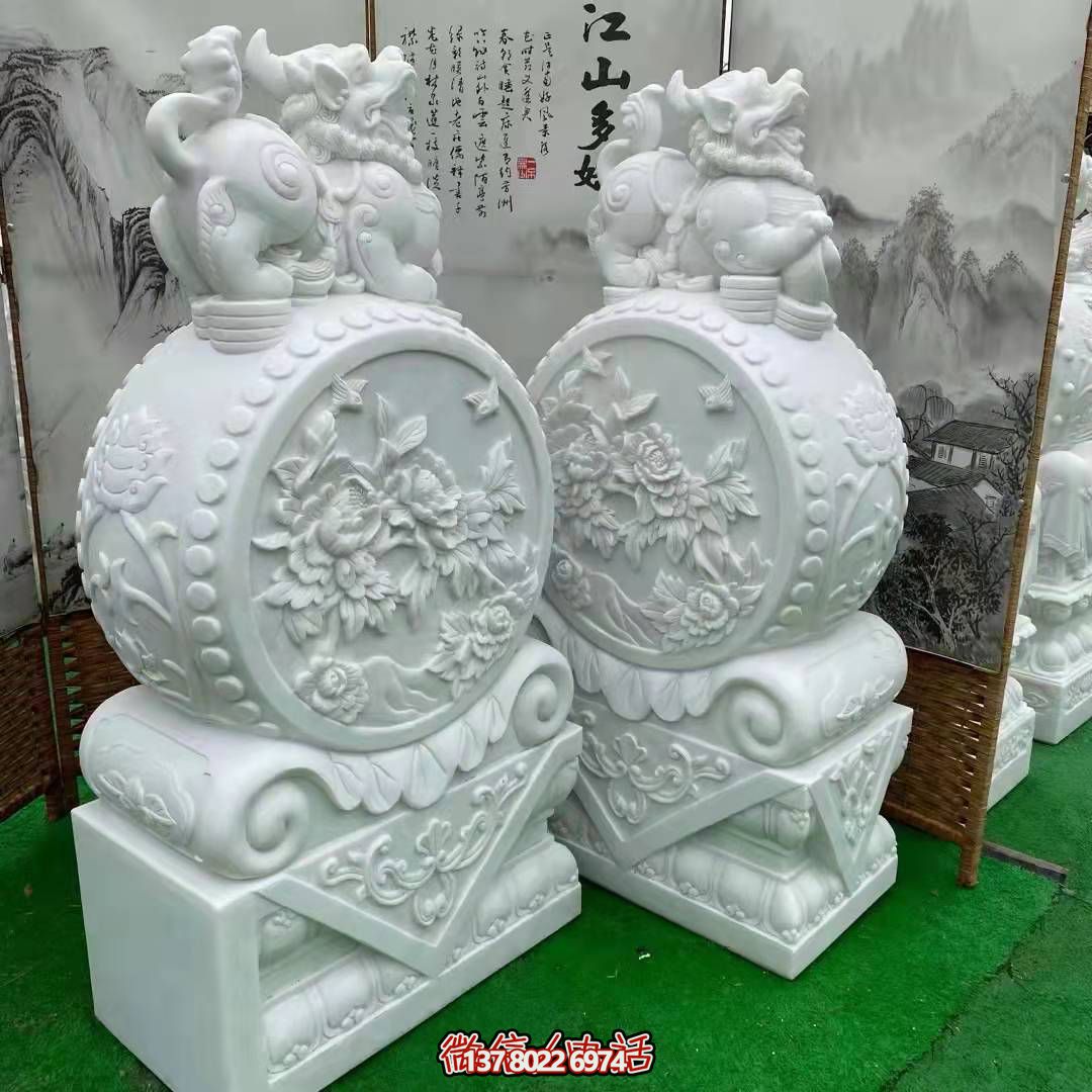 天然優質漢白玉浮雕麒麟抱鼓石，裝點你的庭院門口