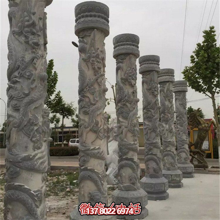 天然大理石浮雕龍盤柱，裝飾園林廣場(chǎng)的精美擺件