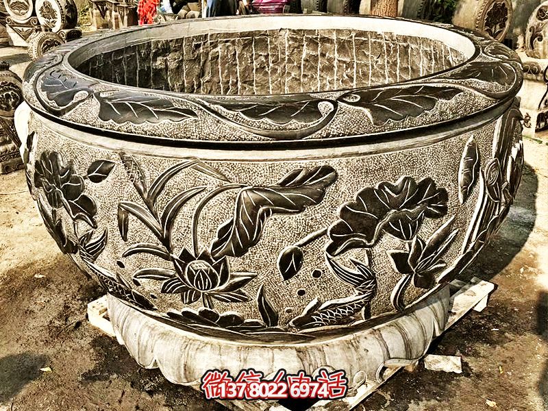 精美大理石浮雕蓮花缸，現(xiàn)代庭院裝飾雕塑