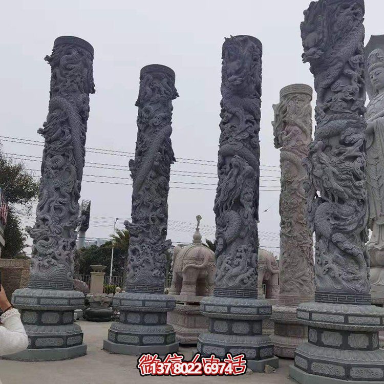 青石浮雕龍柱，精美石雕園林景觀裝飾