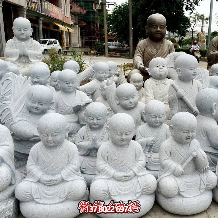 天然砂巖雕刻小沙彌擺件，美麗景致精美寺院家居裝飾