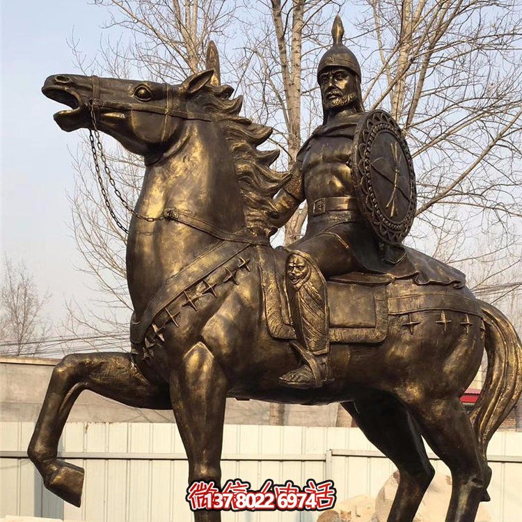 西方古代的騎馬士兵銅雕，手持盾牌騎馬身上的西方戰士
